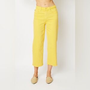 Judy Blue - High Waist Yellow Braided Waistband Wide Leg Crop Denim Jeans - 5/27
